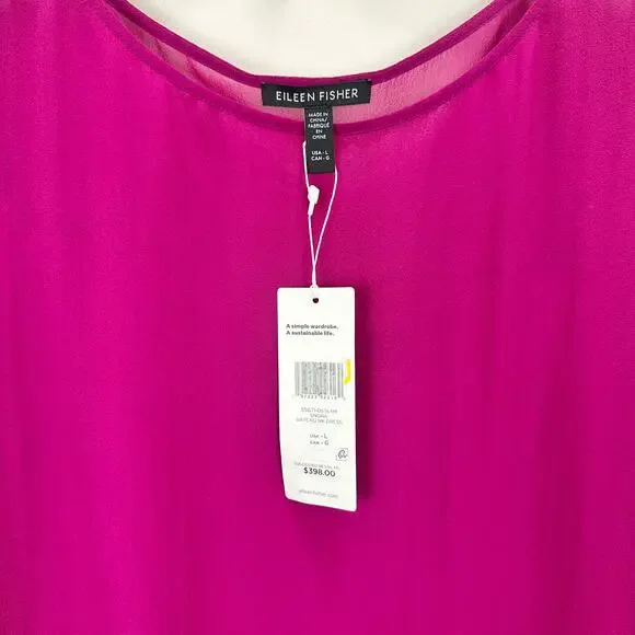 Eileen Fisher Sheer Silk Georgette Boat Neck Sleeveless Midi Dress Sangria L NWT Midi